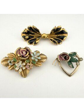 Vintage Floral Brooch Lot Gold Tone Painted Heart Rose Pin Set Of 3 Cottagecore